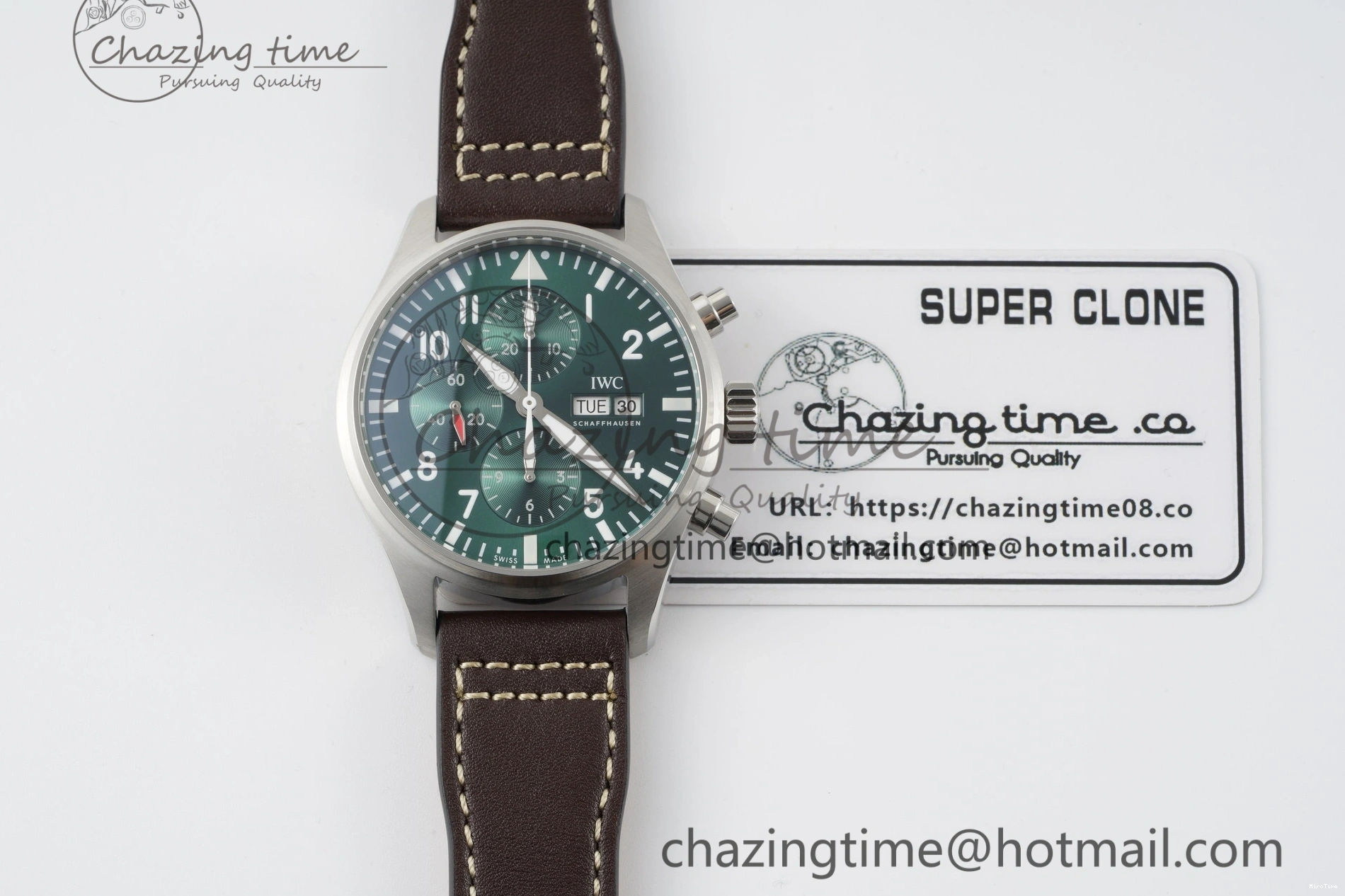 MIROTIME 0326 Bright Pilot Chrono SS AZF 1:1 Best Edition Green Dial on Brown Leather Strap A 7059